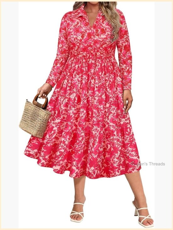 Dresses & Skirts - Plus Size Midi Dress with Pockets Long Sleeve V-Neck Collared Dress Fall Winter